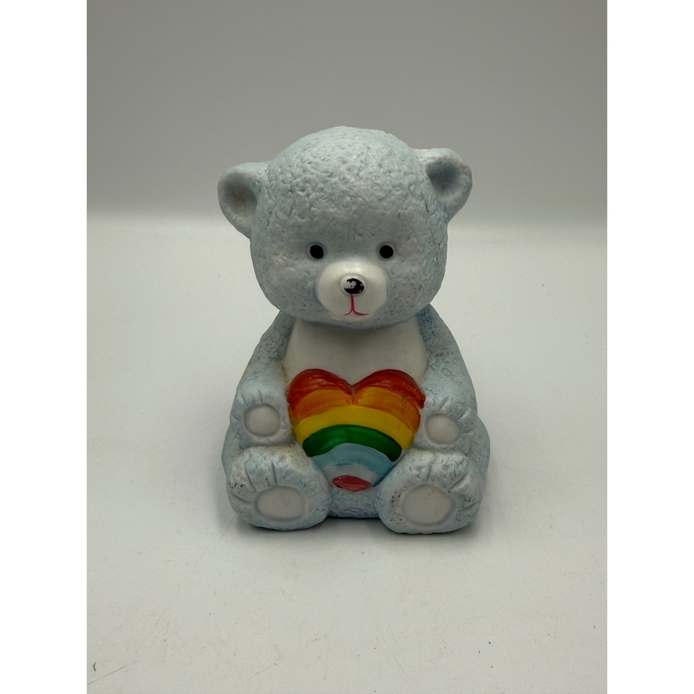 Vintage Blue Ceramic Teddy Bear Bell Rainbow Heart Figurine Nursery Decor